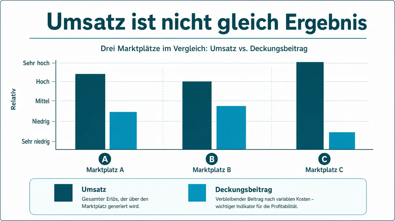 Vergleich von Umsatz und Deckungsbeitrag über drei Marktplätze – hoher Umsatz bedeutet nicht automatisch hohen Deckungsbeitrag